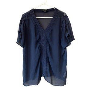 Banana Republic Navy Sheer Embroidered Blouse Womens XL